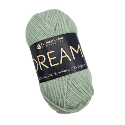 Image of a single skein of Dream DK Yarn by Plymouth Yarn in color 158 New Mint with label on a white background.