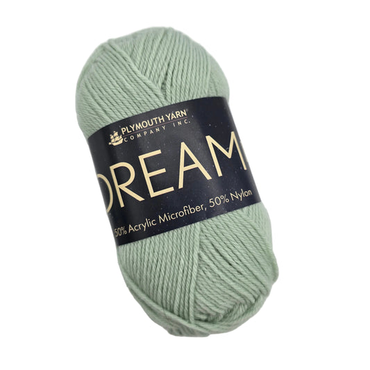 Image of a single skein of Dream DK Yarn by Plymouth Yarn in color 158 New Mint with label on a white background.