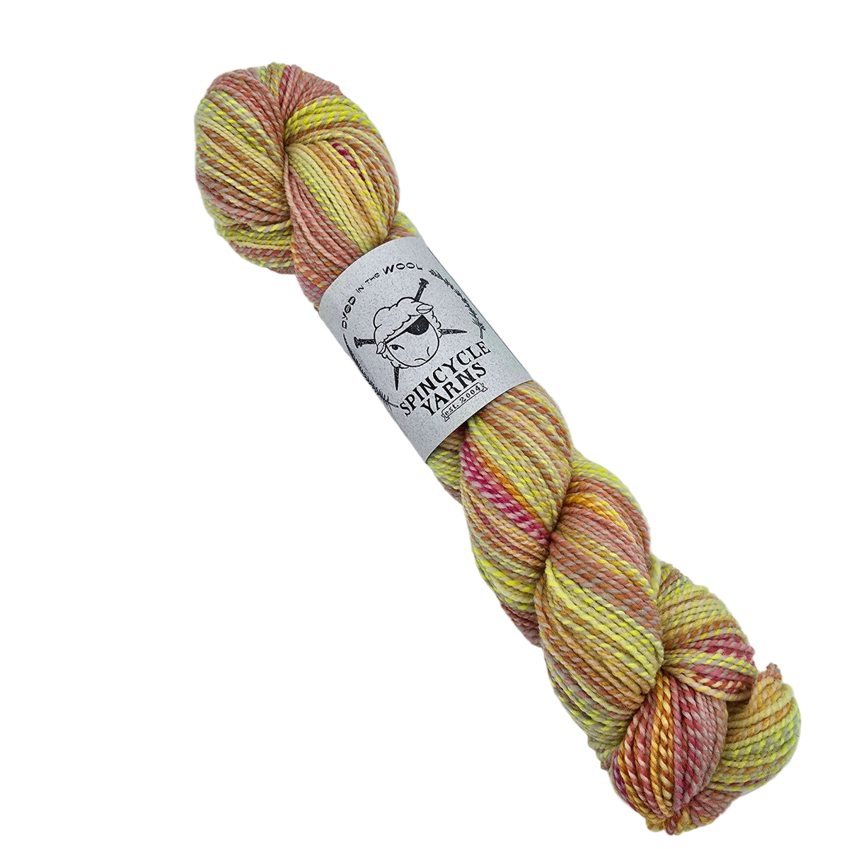 A skein of Dyed_in_Wool_yarn by_Spincycle_Yarns in the color Big_Sky a variegated yarn featuring pastel yellow, pink, and orange tones, with a white paper label wrapped around the center.