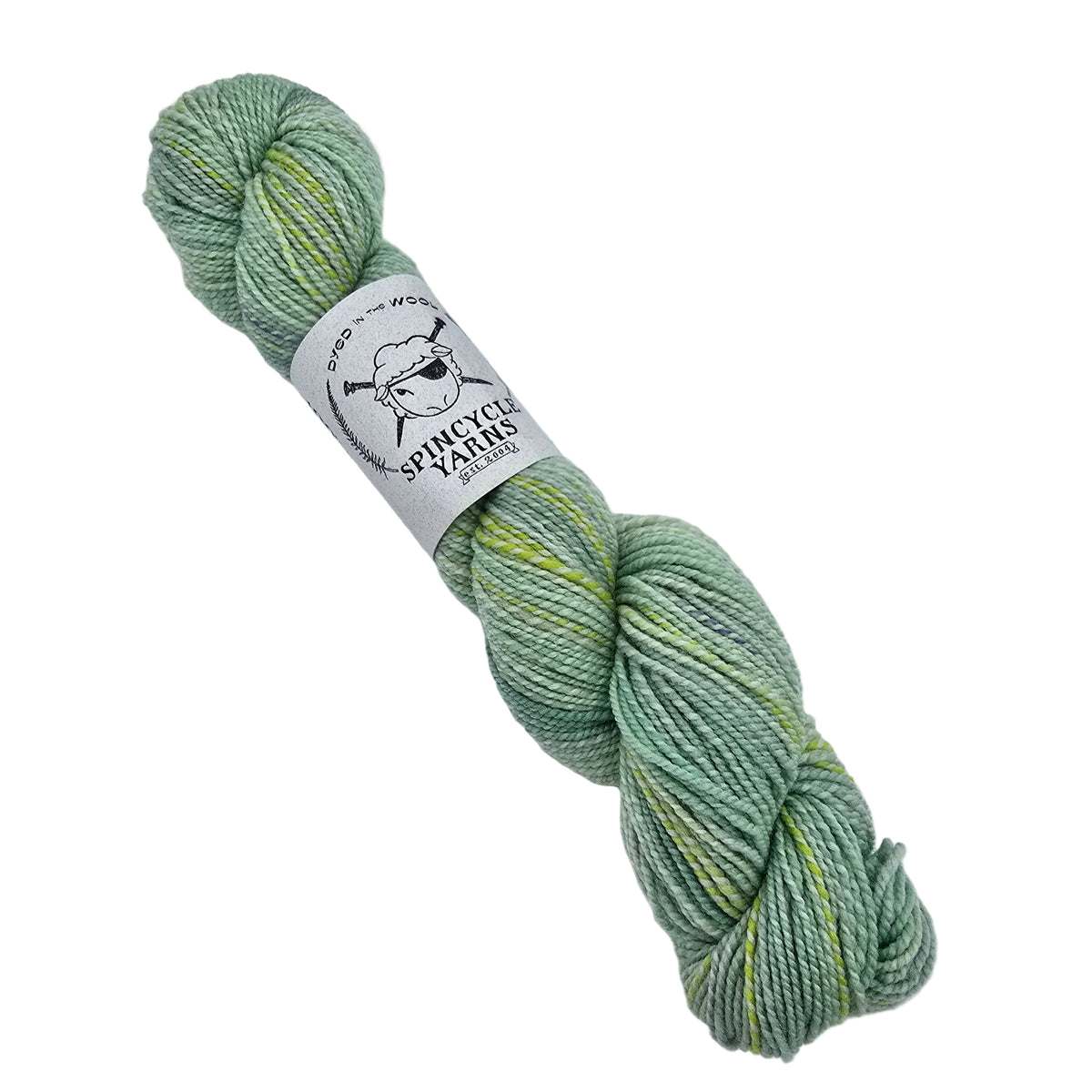 A skein of Dyed_in_Wool_yarn by_Spincycle_Yarns_in the color_The_Meadows a variegated yarn in a light mint green color with subtle yellow and white variegated stripes, featuring a white paper label on white background.