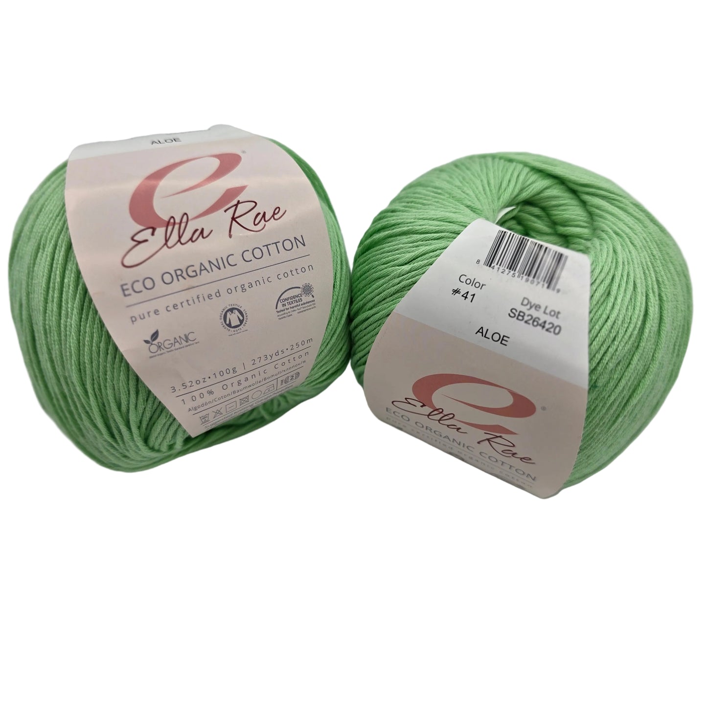 Image of two balls of Eco Organic Cotton yarn by Ella Rae in the color Aloe with labels on a white background.