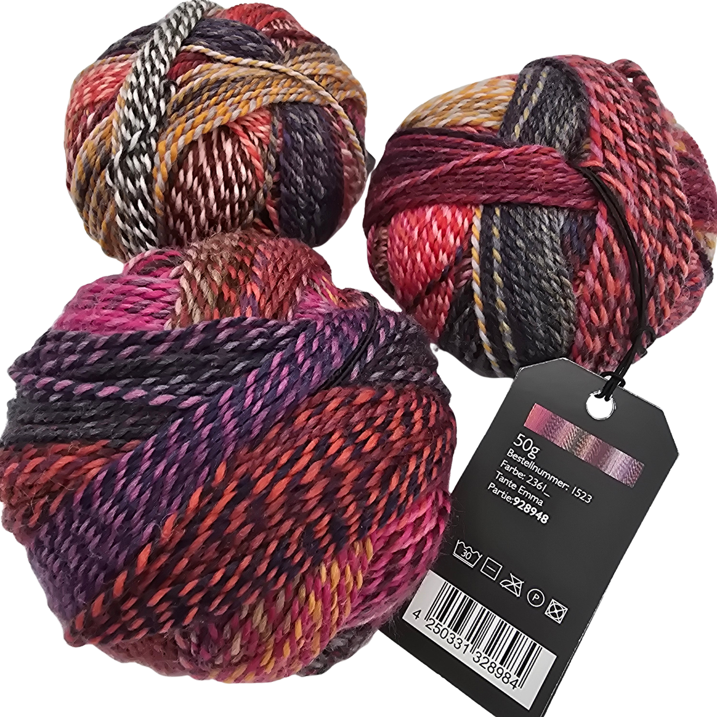 image of three ball of multicolor yarn by brand schoppel wolle in the color Tatne Emma (Which is a multicolored yarn with reds, pinks, oranges, and blacks) with black tag showing product specifications on a white background.