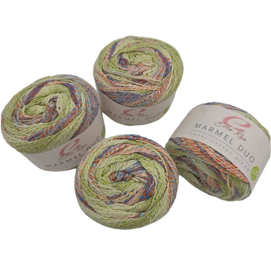Image of four cakes of Ella Rae Marmel Duo yarn in the color Belfast with labels on a white background.
