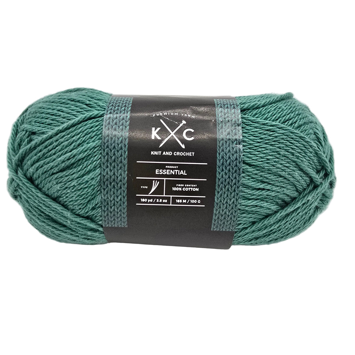 Image of single skein of Essential Cotton Yarn by K+C in the color Rain Forest a dark green with label on a white background.