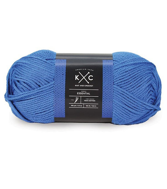 Bright Blue skein of essential cotton yarn by KC in color River Run with label on a white background.