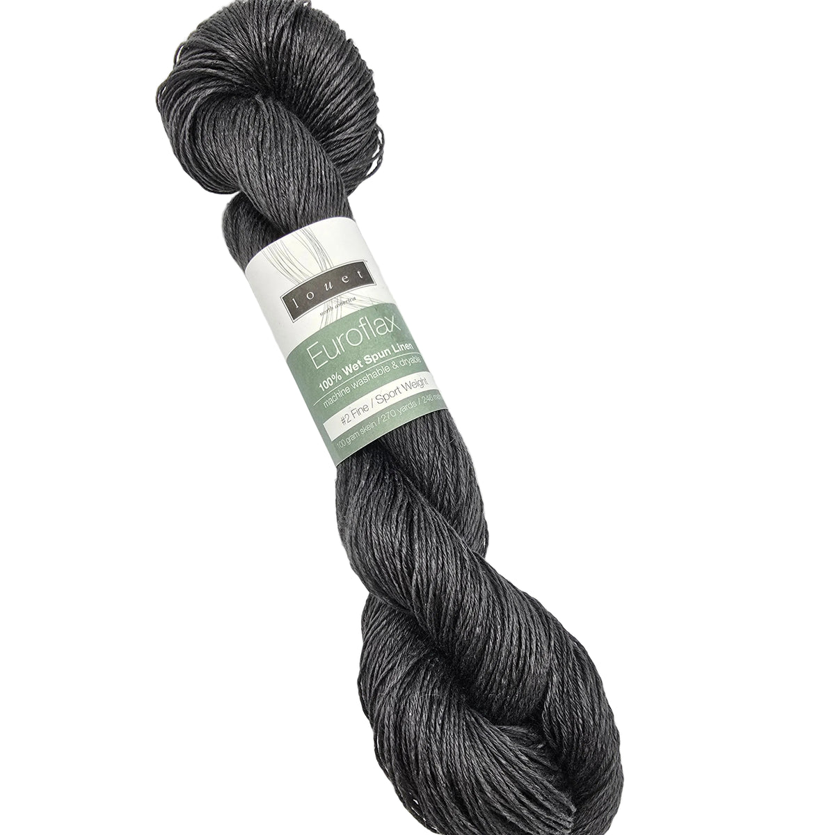 A skein of dark charcoal gray Euroflax yarn with a white and green paper label, photographed on a clean white background.