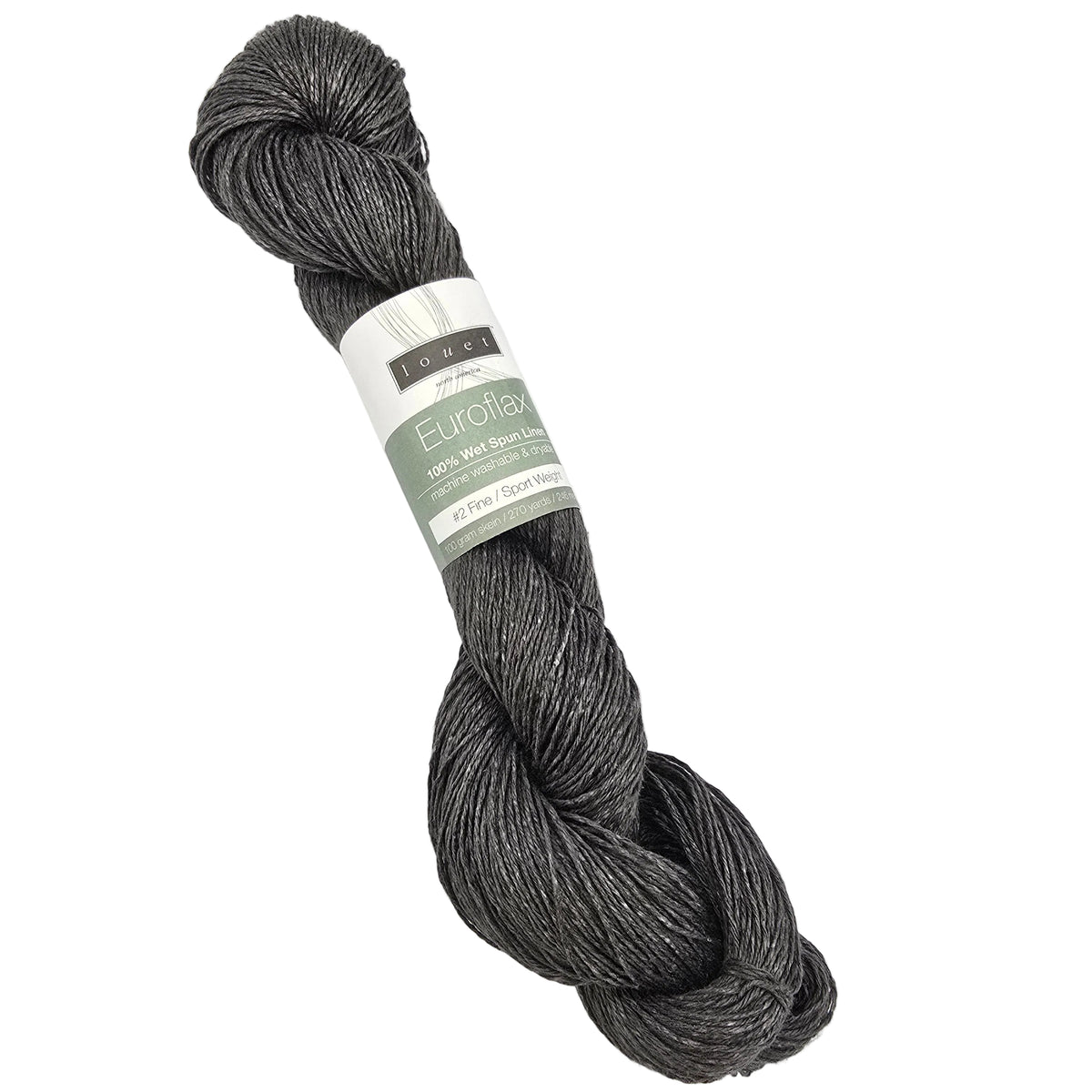 A skein of Euroflax yarn in a dark charcoal gray color, featuring a white paper label with green accents, set against a plain white background.