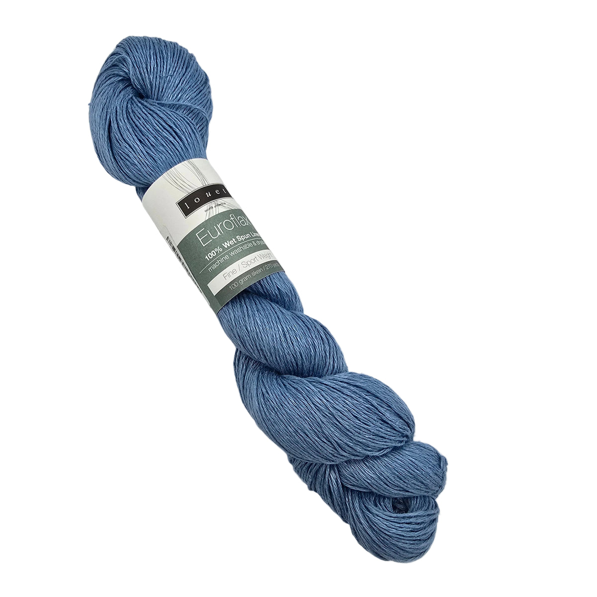 A skein of dusty blue yarn with a white and gray paper label, photographed on a clean, white background.