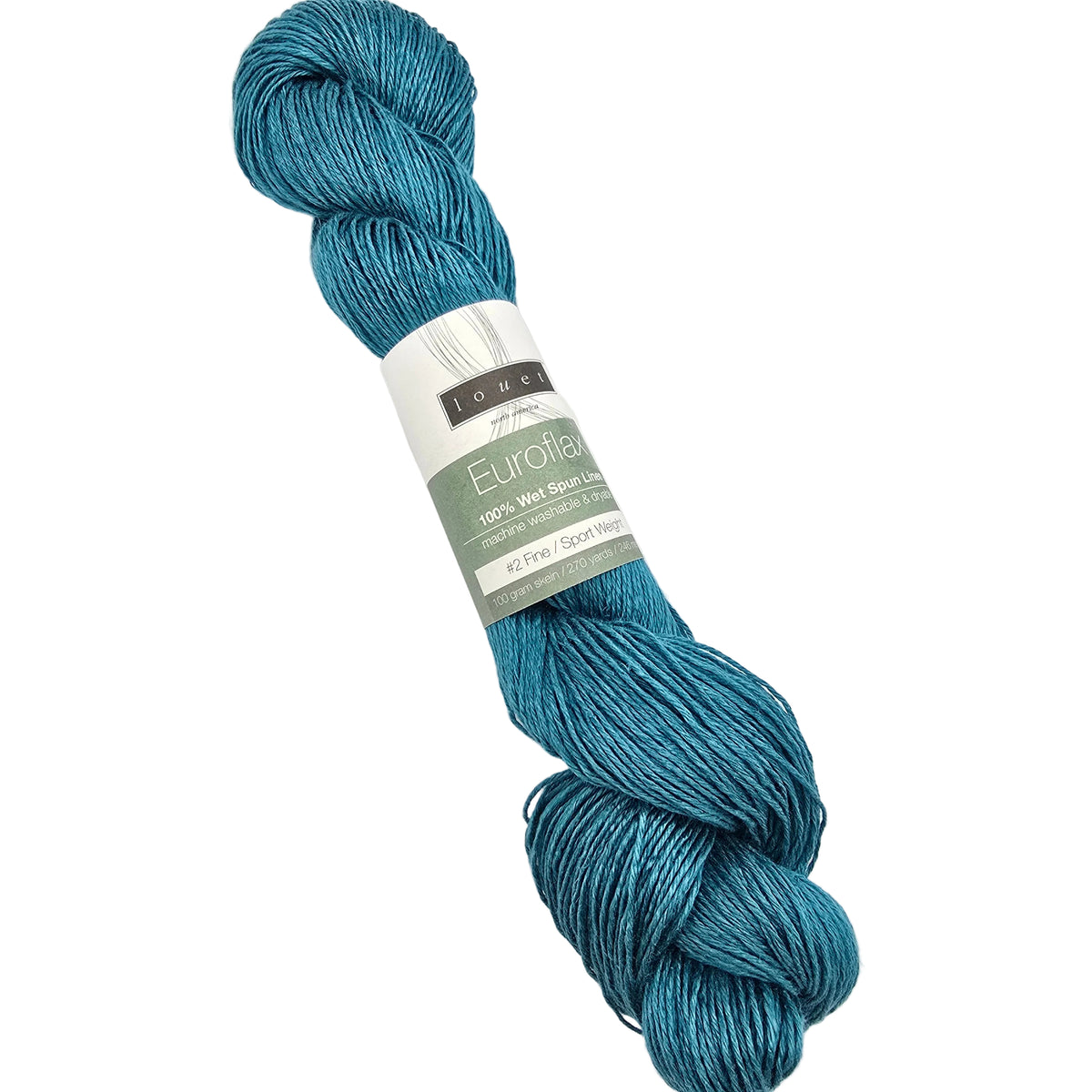 A skein of Euroflax_Originals_Yarn_by_Louet in the color Teal a teal blue-green color, featuring a white and green paper label, photographed on a clean white background.