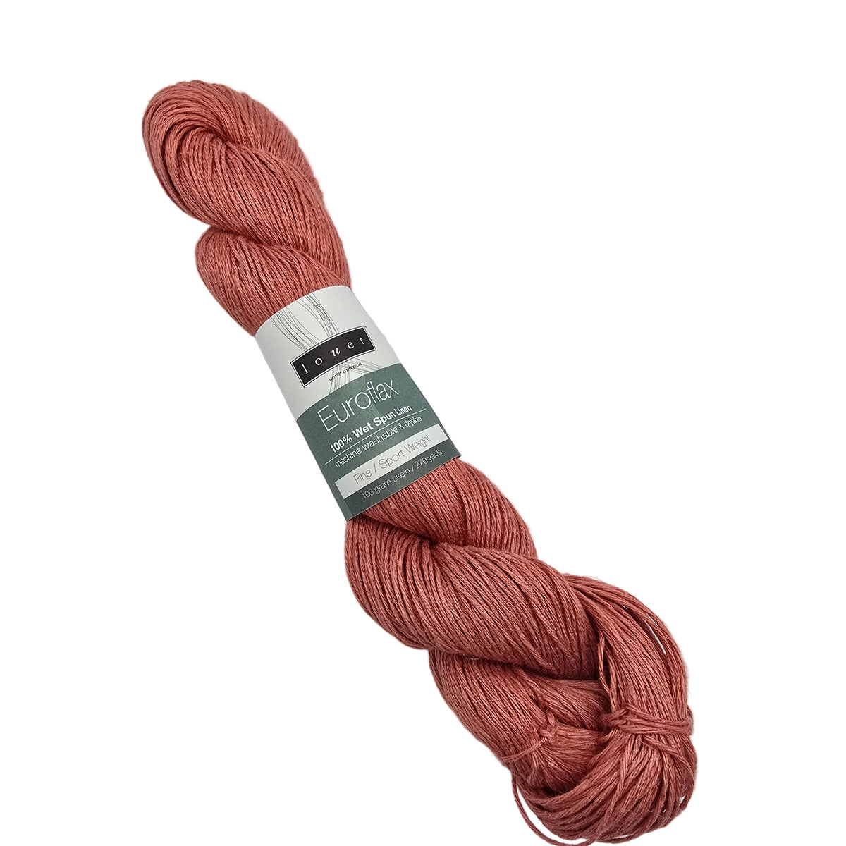 A skein of Euroflax_Originals_Yarn_by_Louet_int he color_Terracotta a dusty rose pink color, with its paper label wrapped around the center, photographed on a white background.