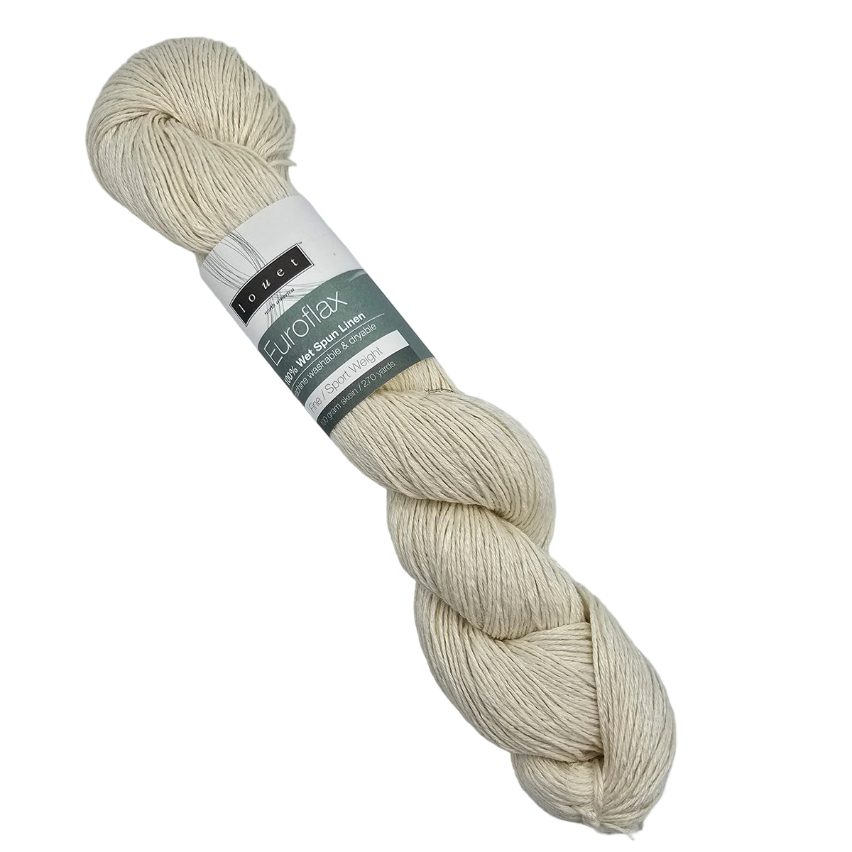 A single skein of cream-colored Euroflax yarn with a paper label, photographed on a White background.