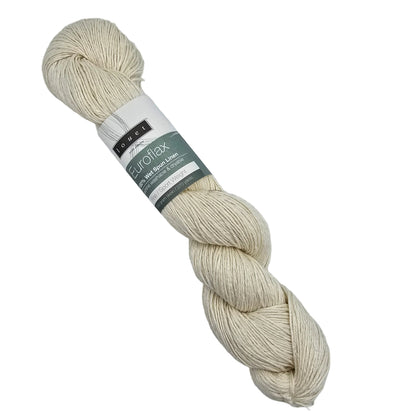 A single skein of cream-colored Euroflax yarn with a paper label, photographed on a White background.