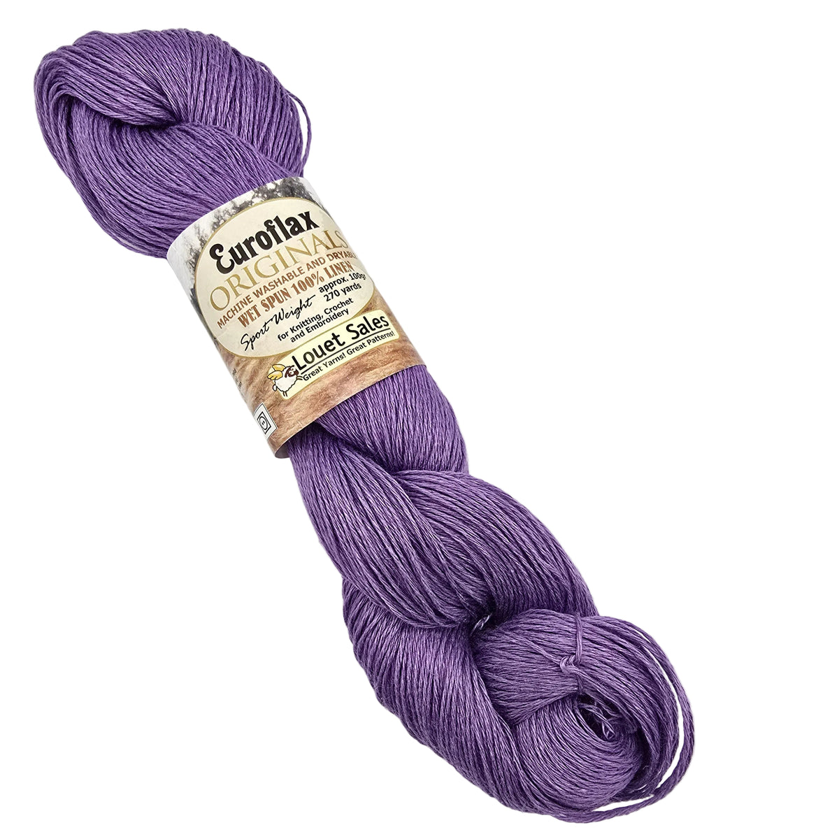 A skein of Euroflax Originals yarn in the color 'Lilac' a dusty purple shade, with its paper label visible, on a White background.