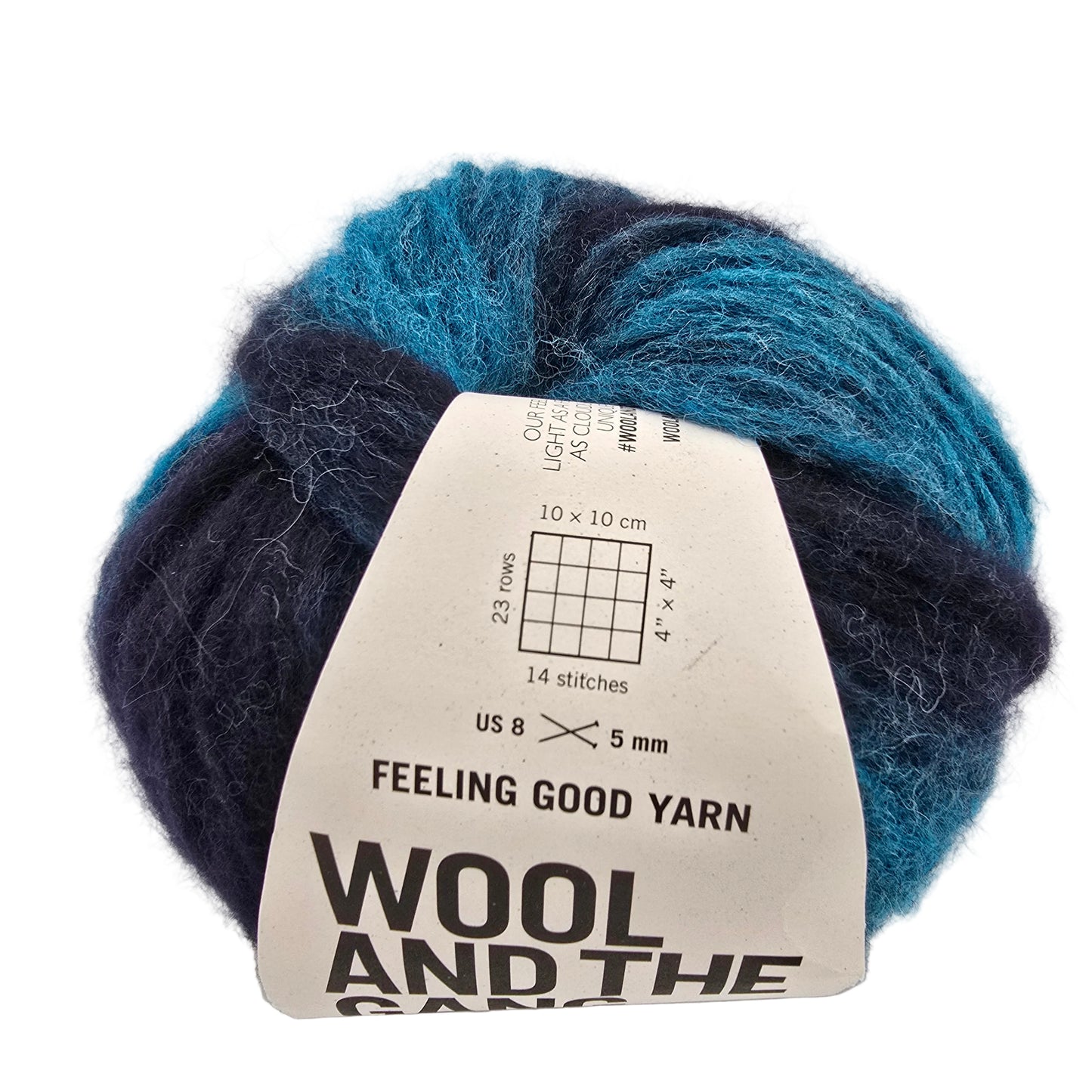 Image of a single ball of Feeling Good Yarn by Wool And The Gang in the color Northern Lights Green Stripe with label on a white background.