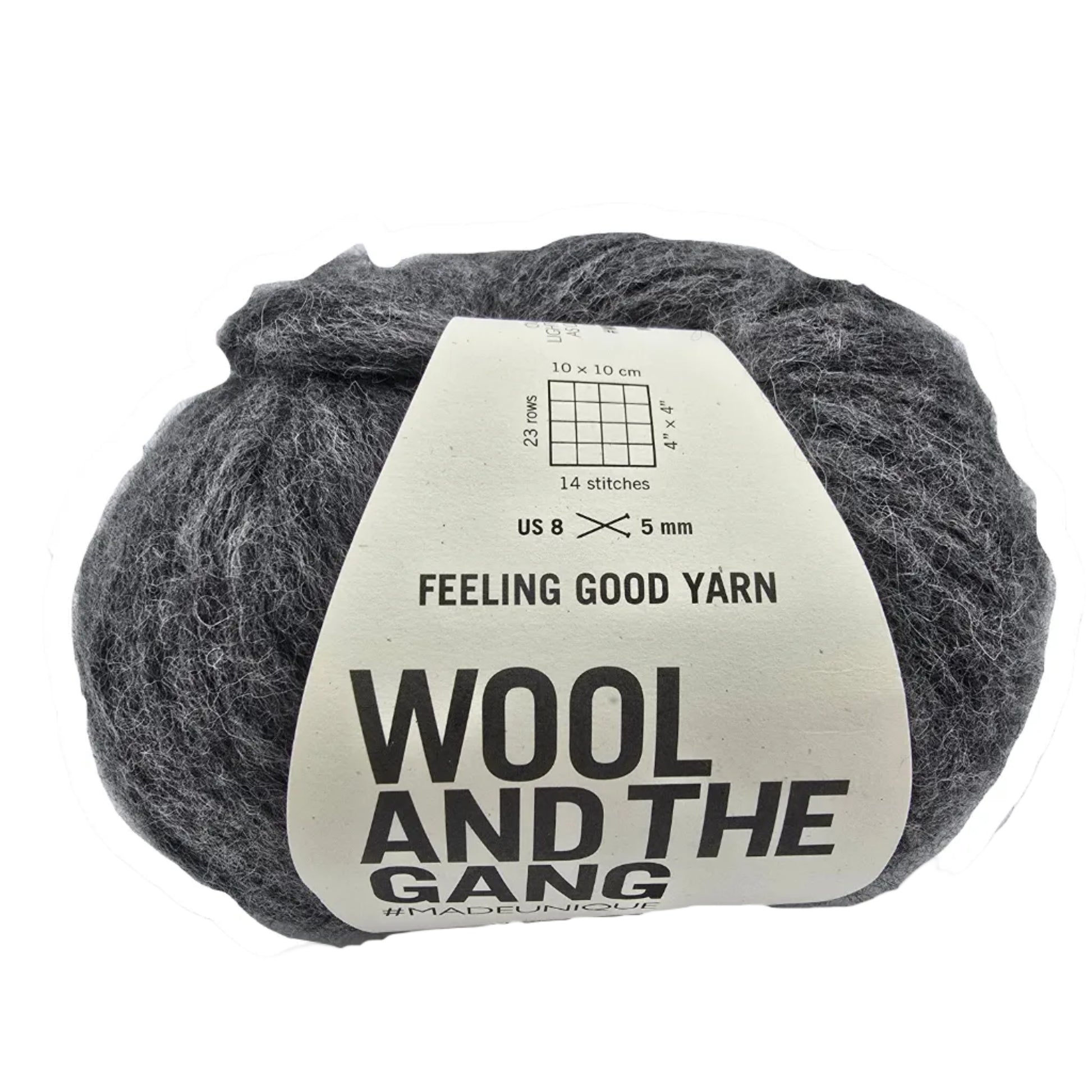 Image of a single ball of Feeling Good Yarn by Wool And The Gang in the color Silver Fox Grey with label on a white background.