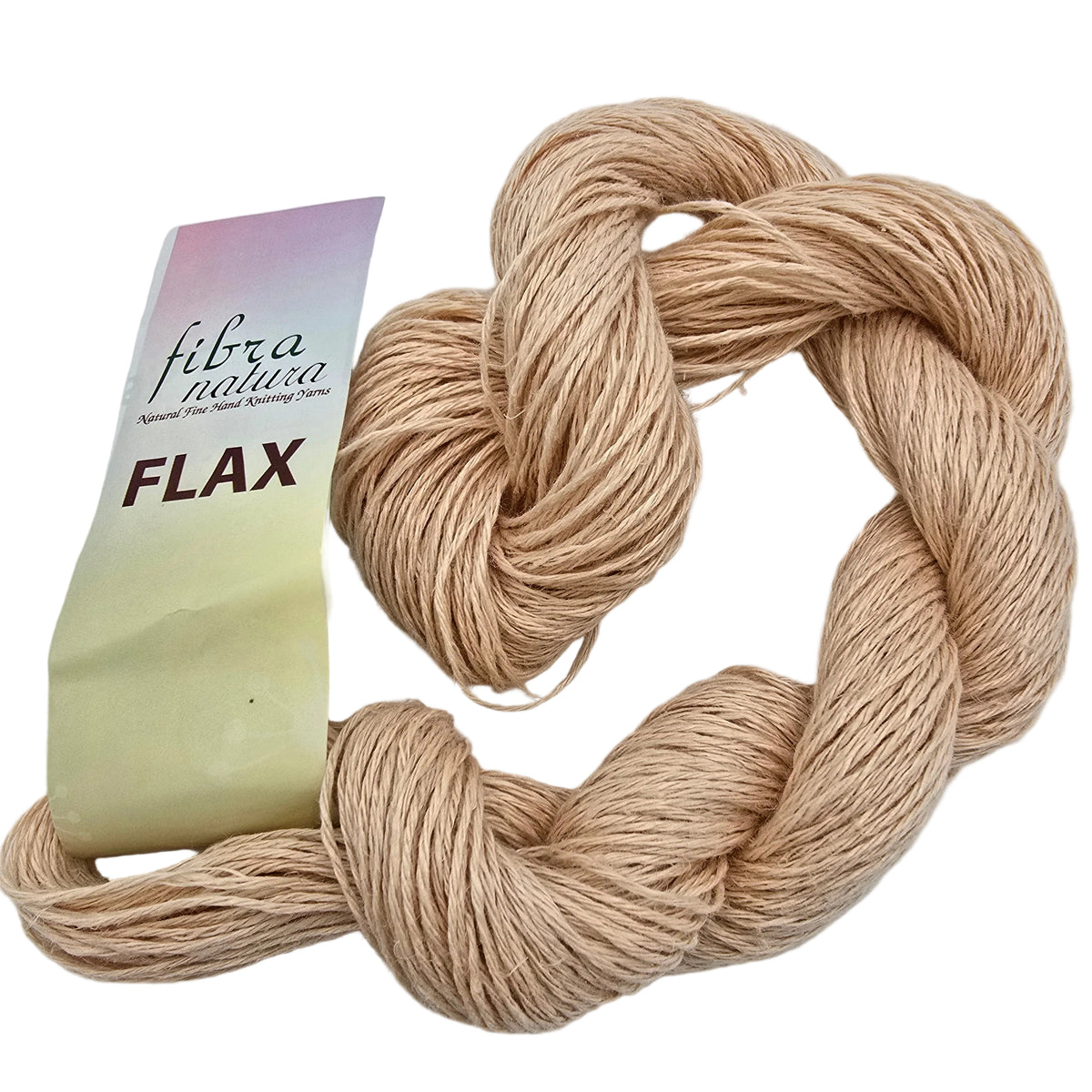 A skein of natural flax yarn in a light peach color, arranged in a knot next to its paper label which reads 'fibrá natura FLAX'.