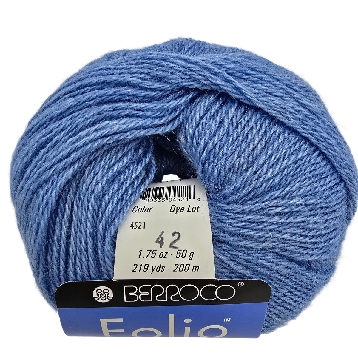 A ball of Berroco Folio yarn in a medium blue shade, with a white paper label showing the color number 4521 and a blue and black brand tag at the bottom.
