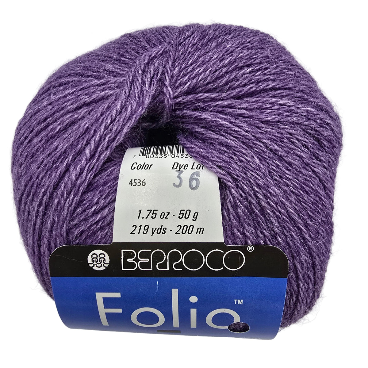 A ball of purple variegated yarn with a white and blue Berroco Folio tag attached, photographed on a plain light background.
