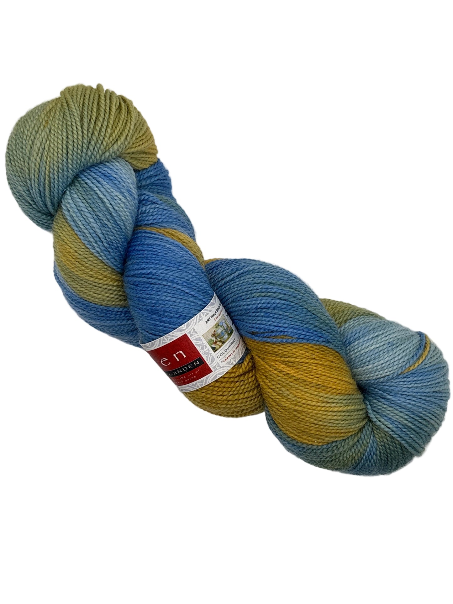 Skein of Yellow and blue Gemilicious fingering weight yarn with label in white background.