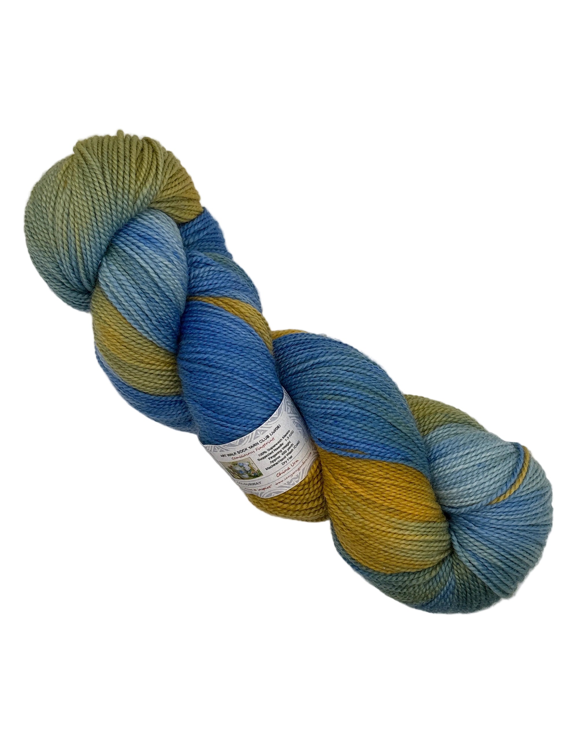 Skein of Yellow and blue Gemilicious fingering weight yarn with view of details on label on white background.