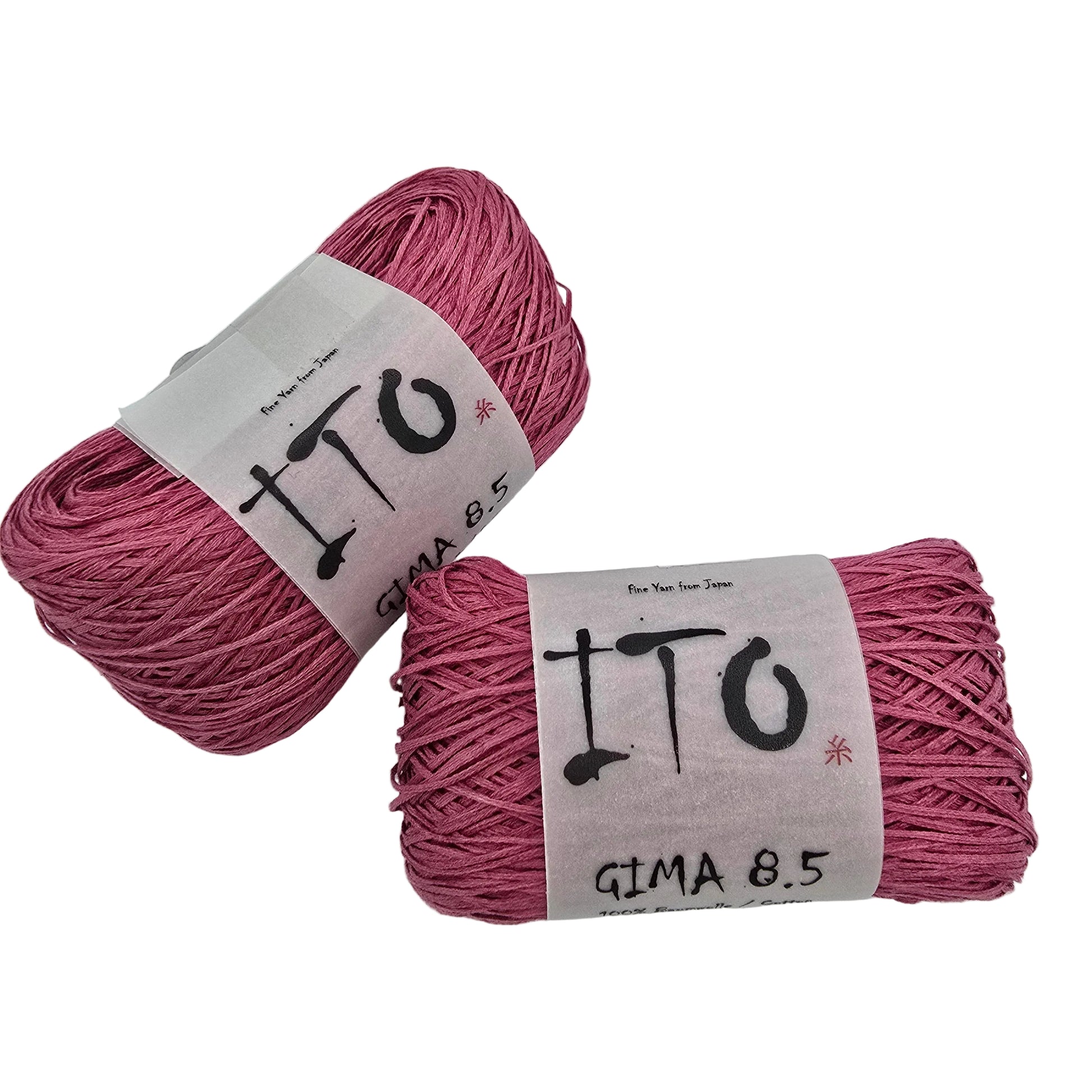 Two skeins of dusty pink Gima 8.5 yarn by Ito -in the color 401 Plum yarn with white paper labels, displayed on a clean white background.