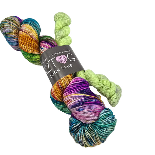 Image of two skeins of Glitz Sock yarn by Hue loco in the color money cake with label on a white background.