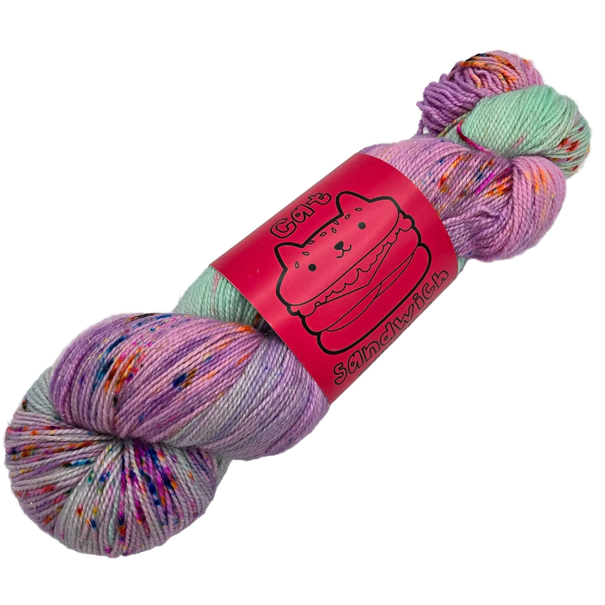 A skein of variegated yarn with pink, purple, mint green, and orange flecks, wrapped in a bright pink paper label featuring a cartoon sandwich cat and the text 'Cat Sandwich'.