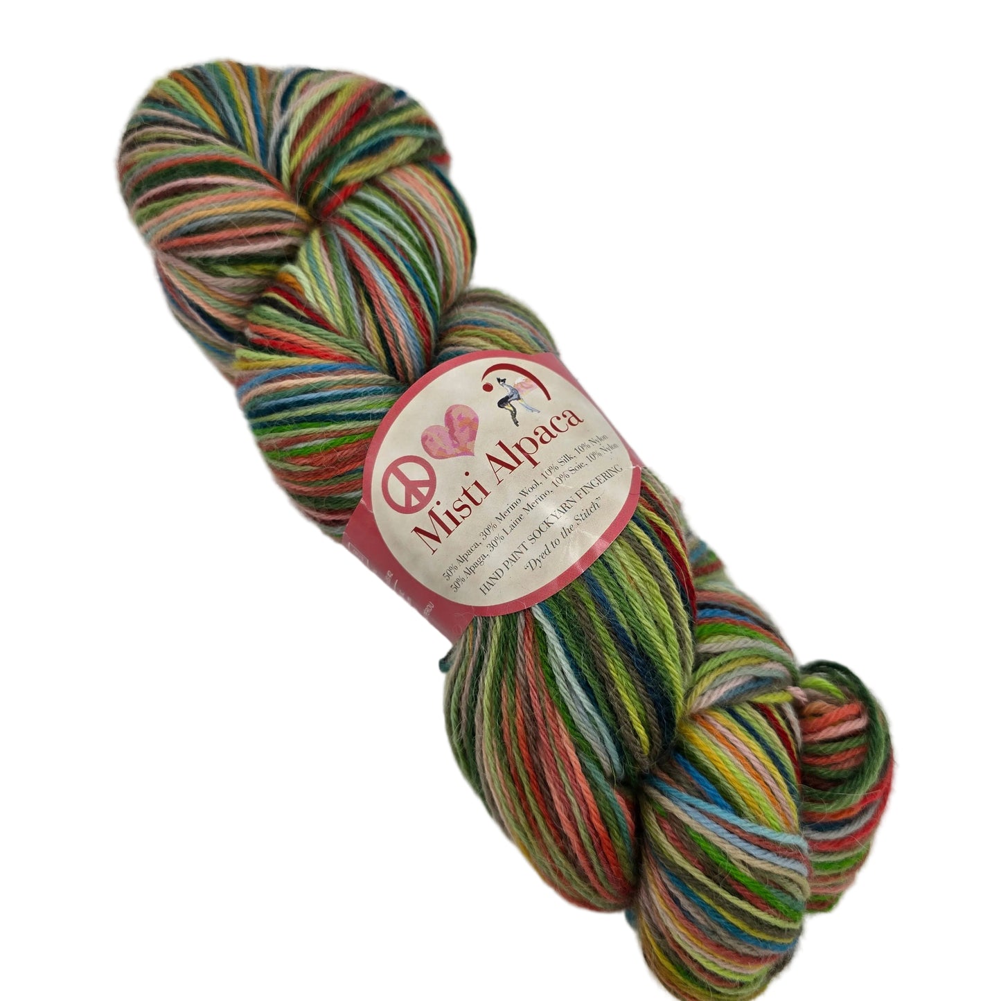 Hand Paint Sock Yarn by Misti Alpaca in Color HS49 Treasure with label on a white background.