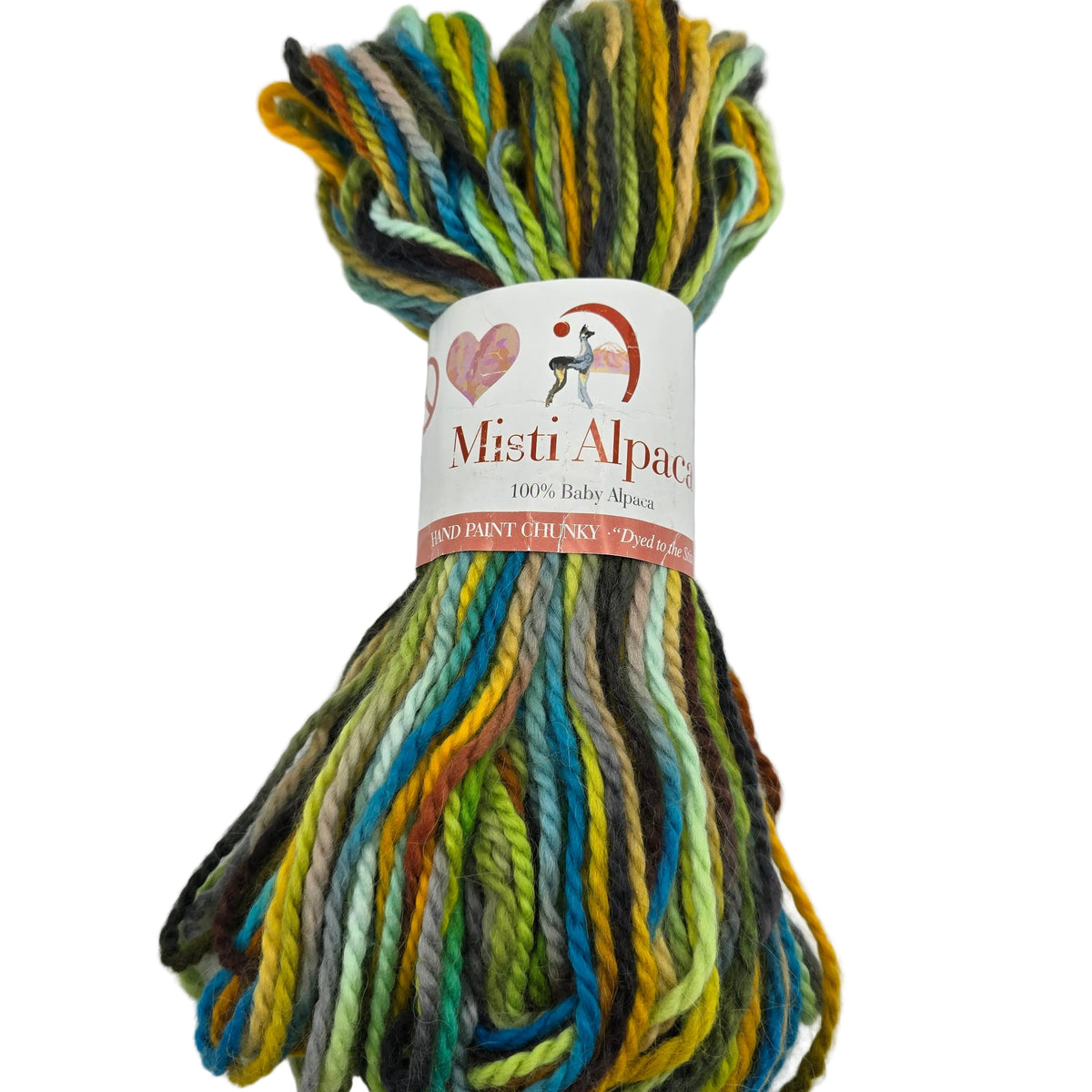 A skein of Misti Alpacas hand paint chunky yarn in a variegated multicolor pattern of green, yellow, blue, gray, and brown, wrapped in a white paper label.