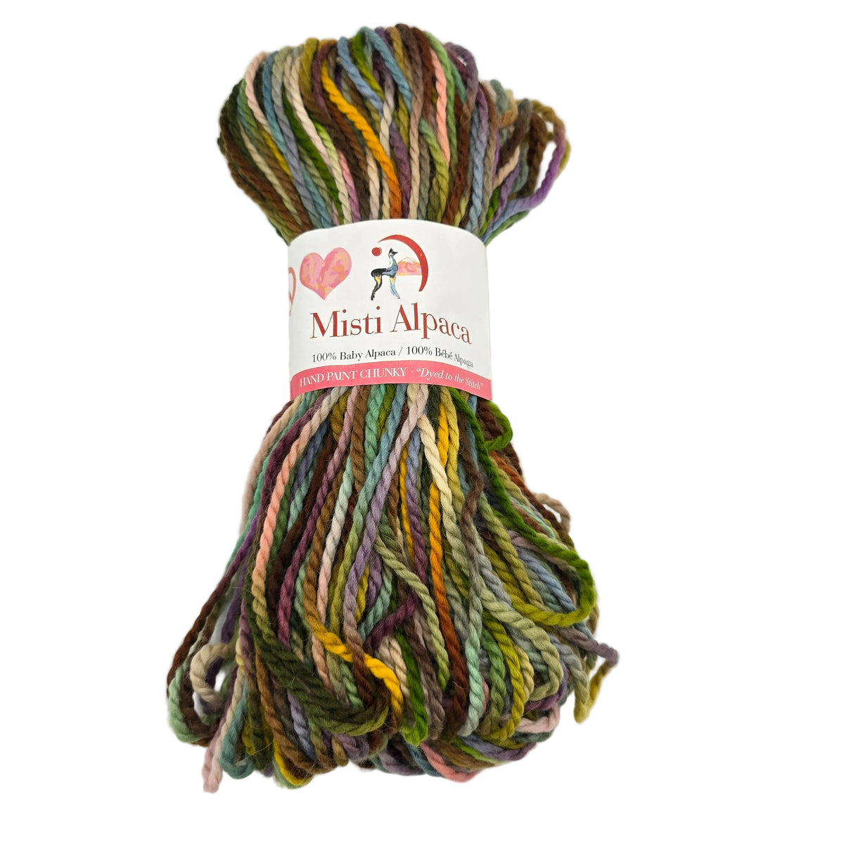 A skein of Misti Alpaca yarn with a white paper label, featuring variegated colors of green, brown, purple, yellow, and pink, set against a plain white background.