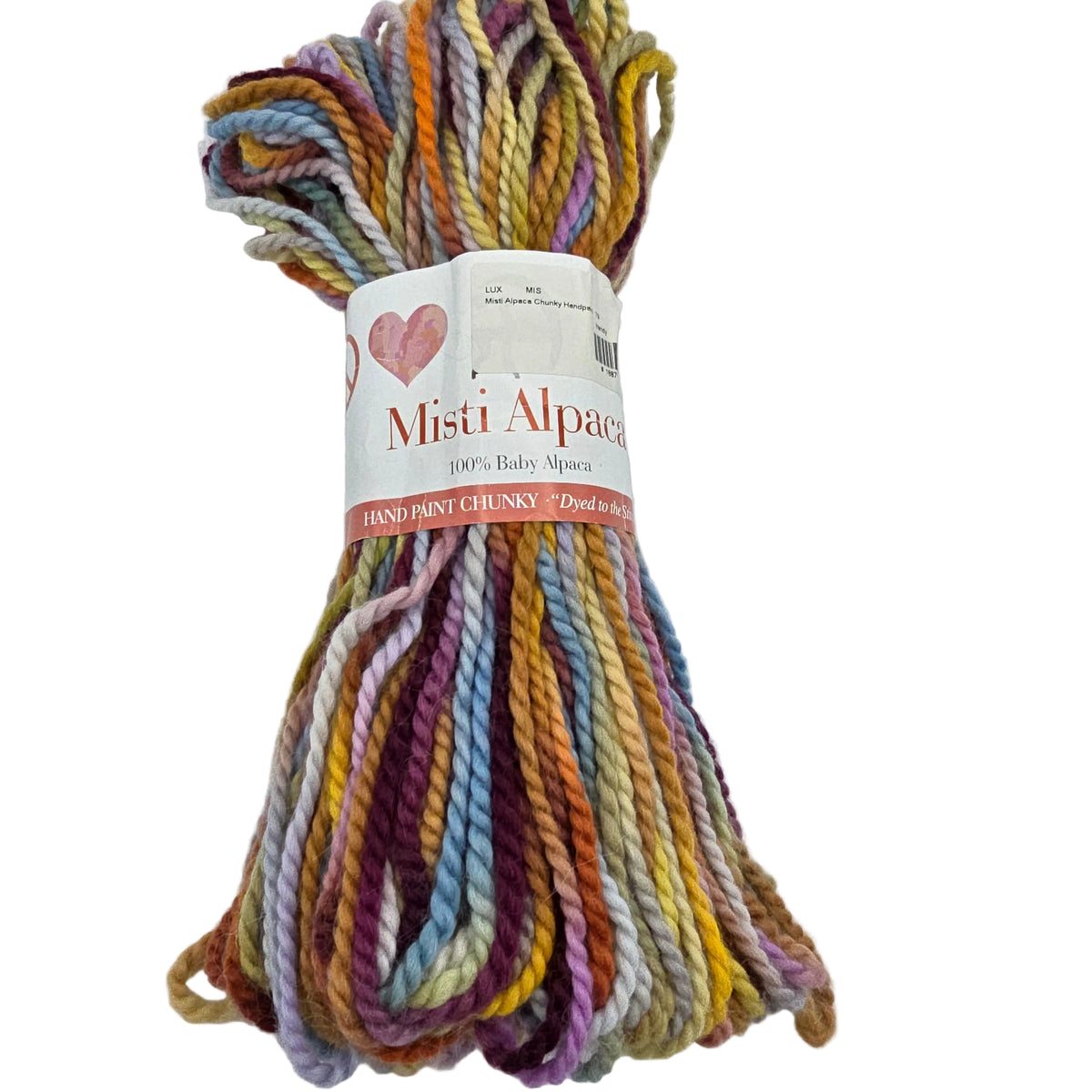 A skein of Misti Alpaca hand-painted chunky yarn with a white paper label, showing a multicolor mix of pastel and earthy tones including purple, blue, yellow, orange, and green on a plain white background.