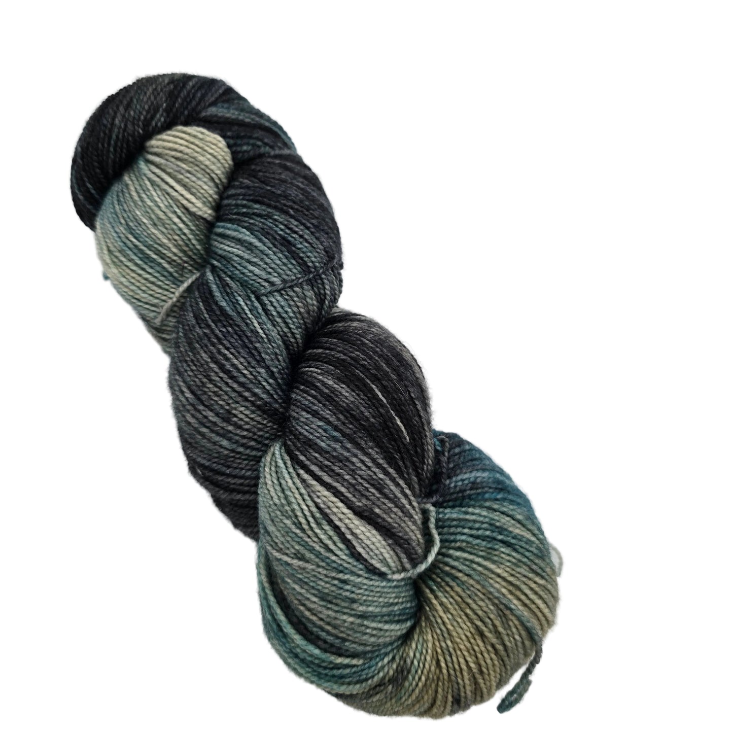 Image of a single skein of Hawthorne Fingering Weight yarn by Knit Picks in the color Macadam on a white background.