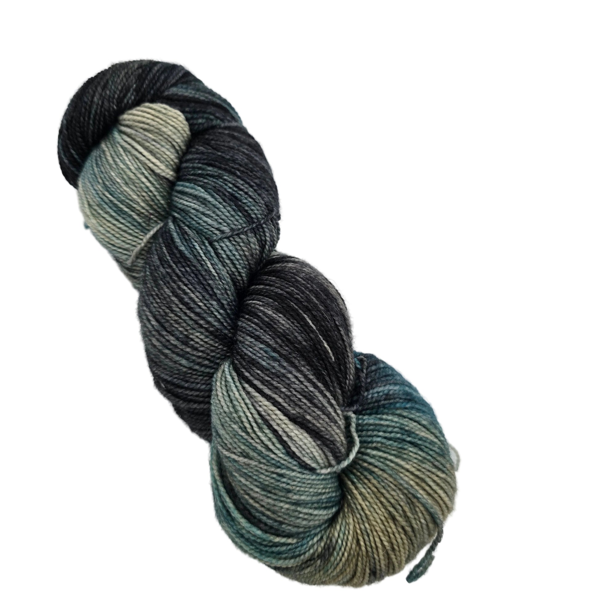 Image of a single skein of Hawthorne Fingering Weight yarn by Knit Picks in the color Macadam on a white background.