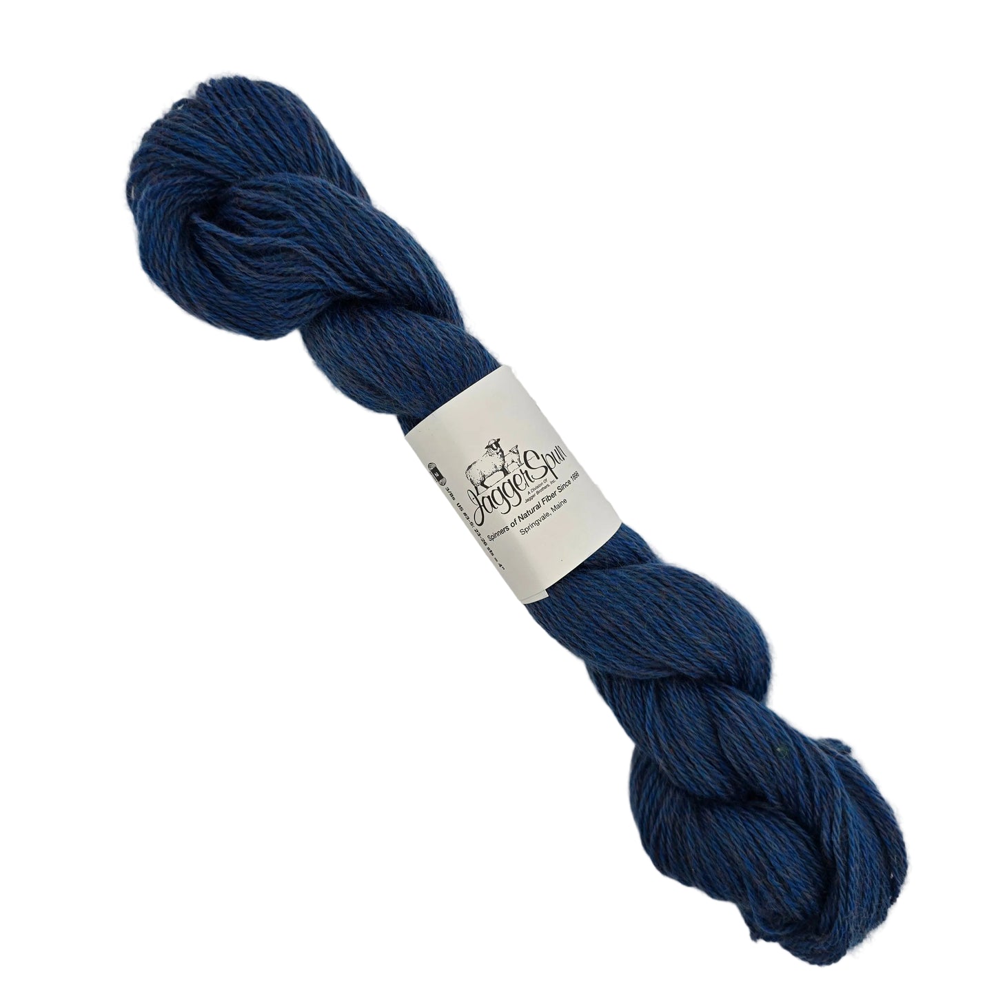 Image of a single skien of Heather 3/8 yarn by JaggerSpun in the color Cobalt with label on a white background.