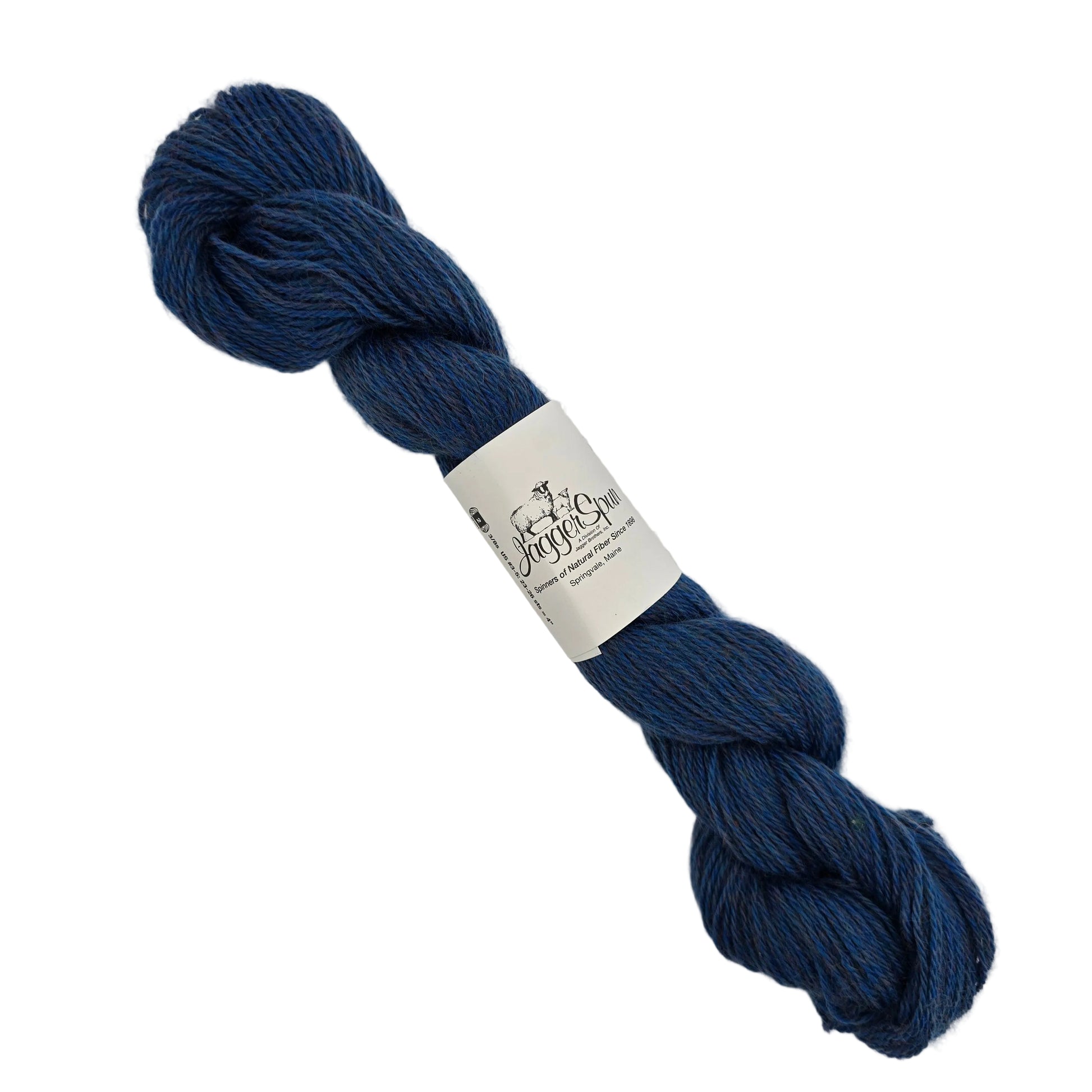 Image of a single skien of Heather 3/8 yarn by JaggerSpun in the color Cobalt with label on a white background.