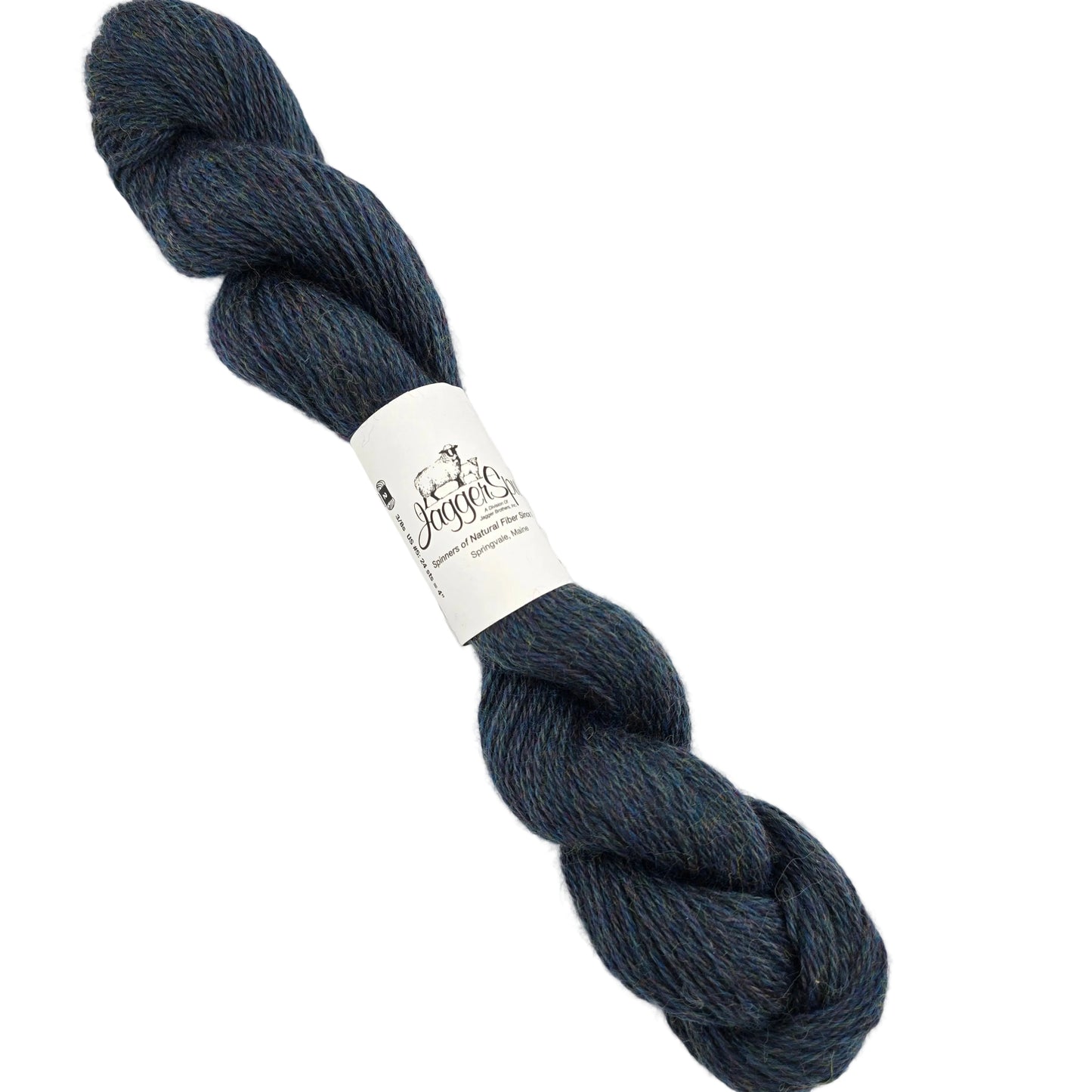 Image of single skein of Heather 3/8 Yarn by JaggerSpun in the color Indigo with label on a white background.