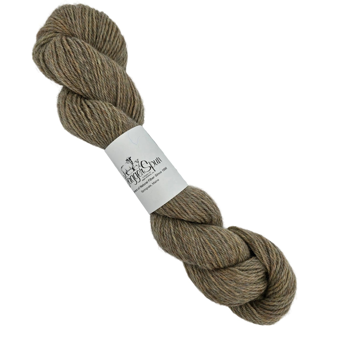 Image of a single skein of Heather 3/8 yarn by JaggerSpun in the color Sagebrush with label on a white background.