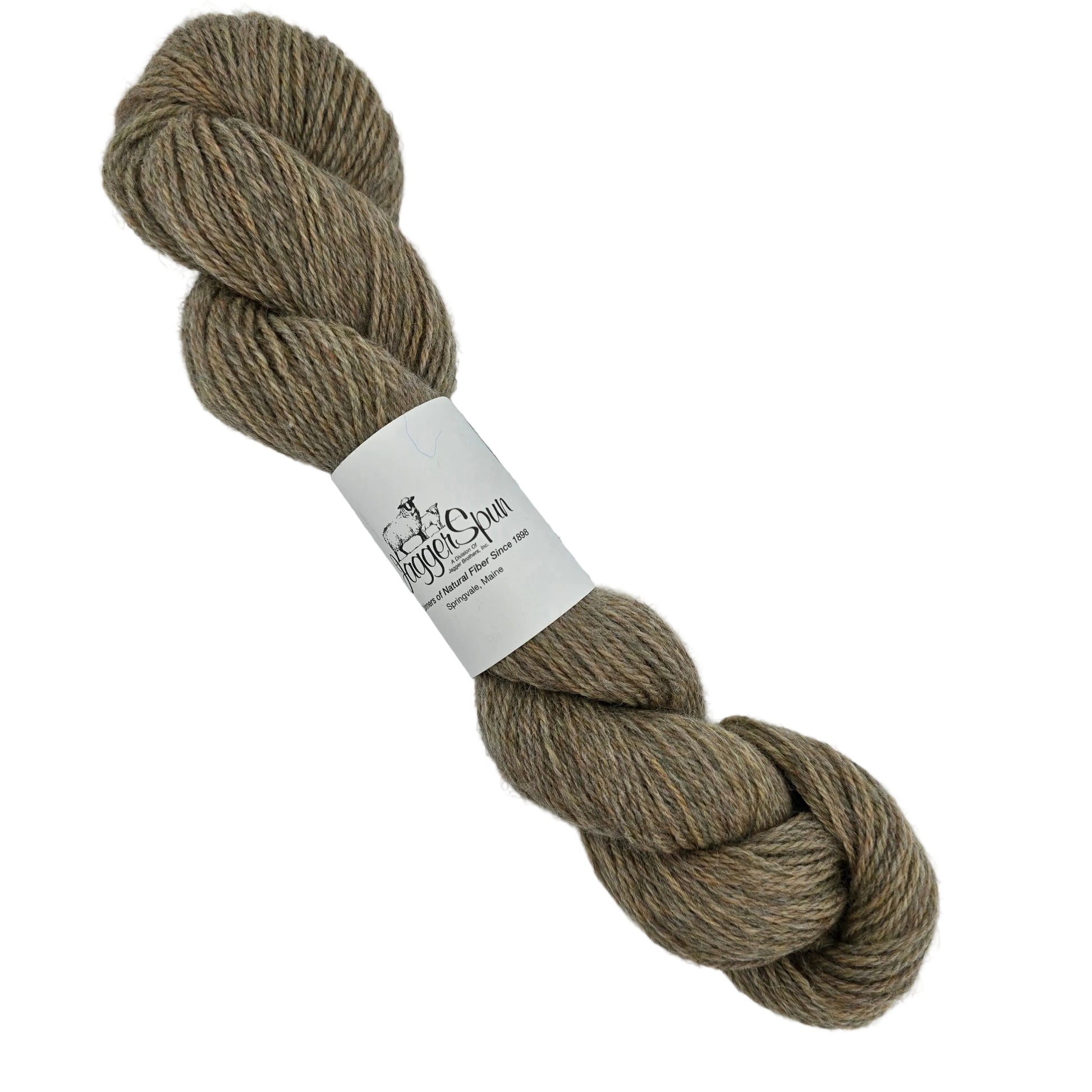 Image of a single skein of Heather 3/8 yarn by JaggerSpun in the color Sagebrush with label on a white background.