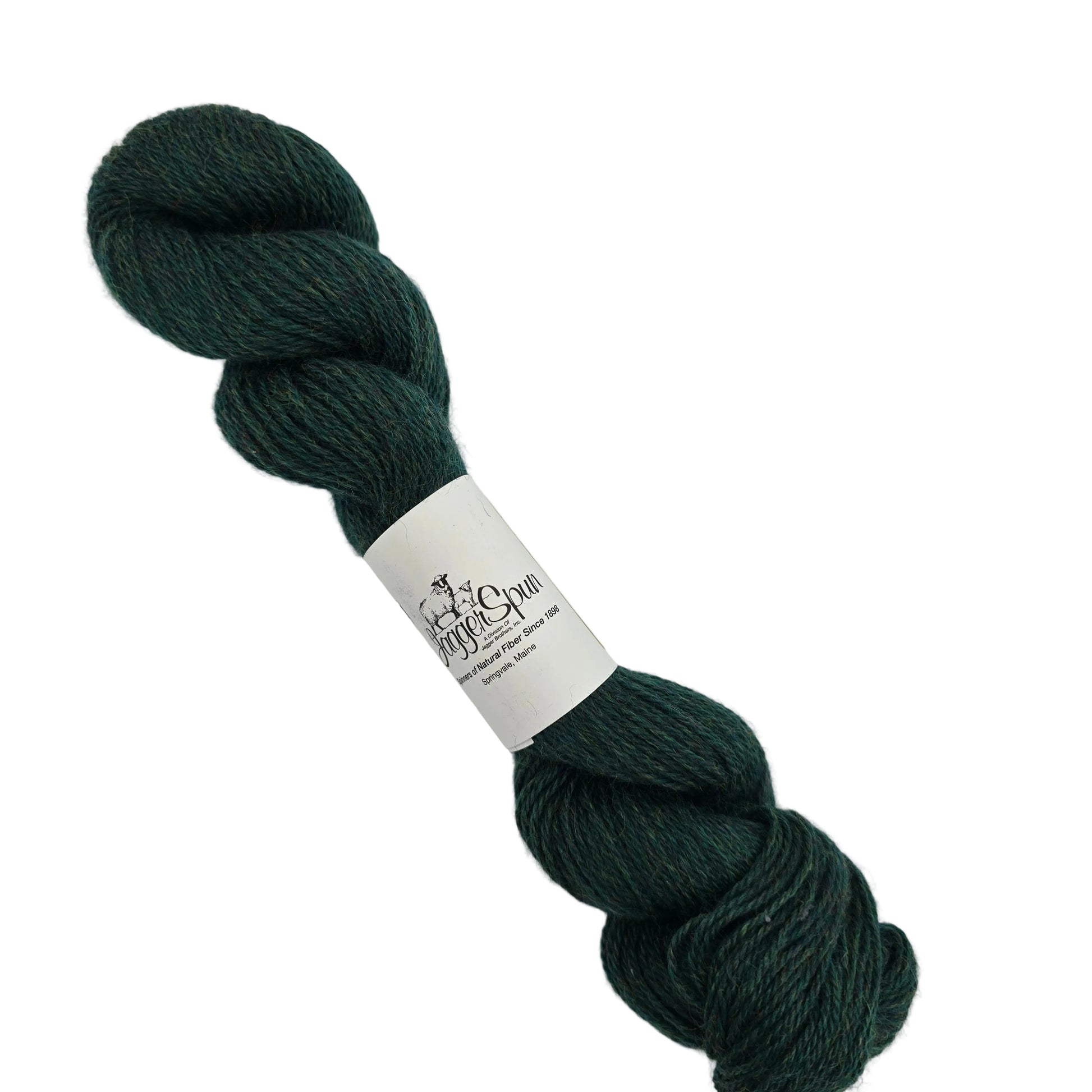 Image of a single skein of Heather 3/8 yarn by JaggerSpun in the color Sylvan Green with label on a white background.