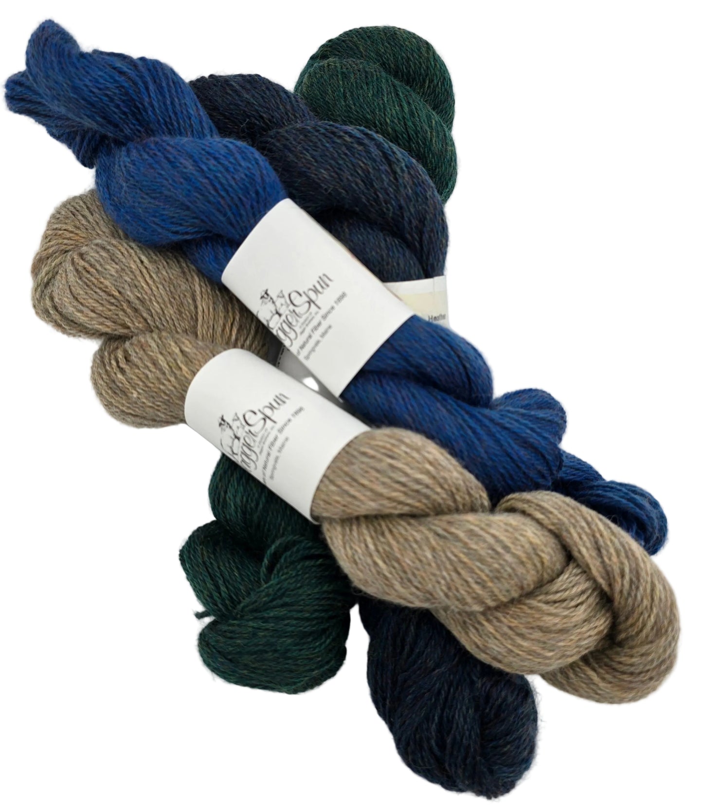 Image of multiple skeins of Heather 3/8 Yarn by JaggerSpun with labels on a white background.