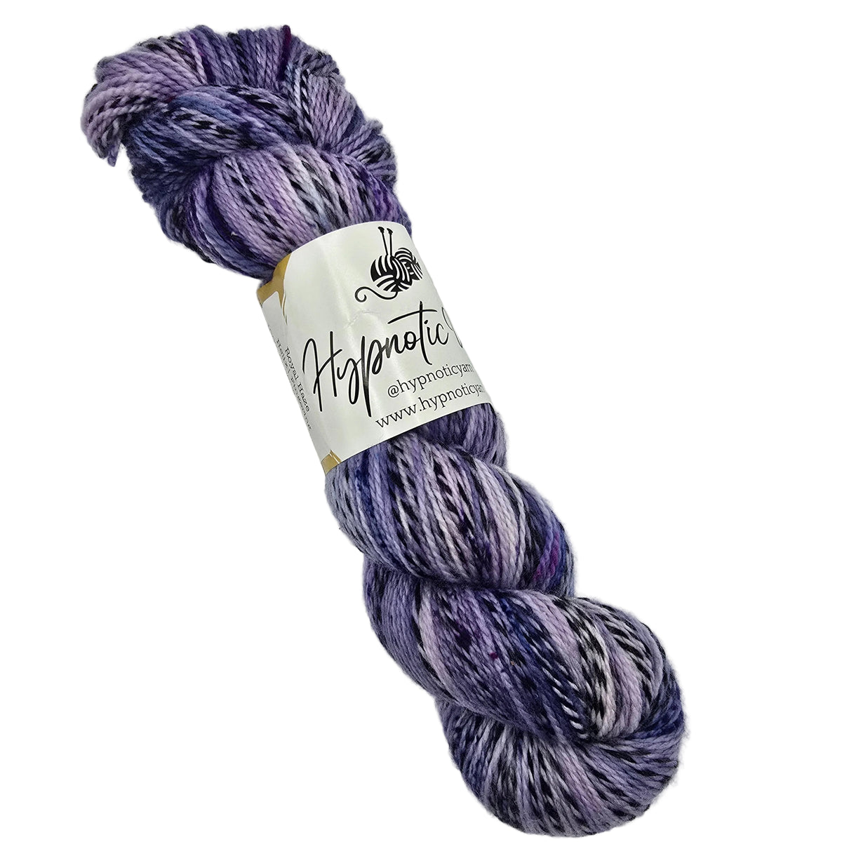 A single skein of Helix_Fingering_yarn by_Hypnotic yarn in the color Royal_Haze  a variegated purple, lavender, and black pattern, wrapped in a white paper label, on a white background.