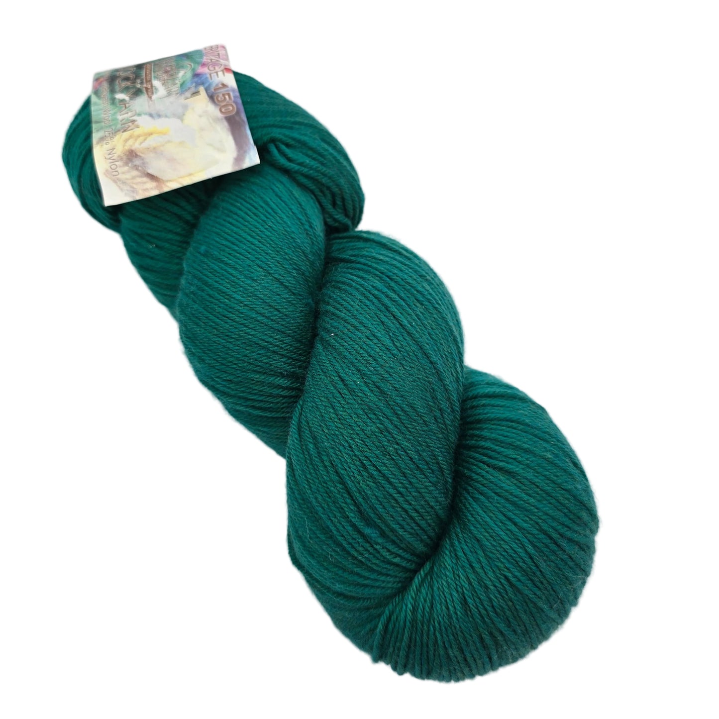 Image of a single skein of Heritage 150 Sock Yarn by Cascade Yarns in the color Ultramarine Green with label on a white background.
