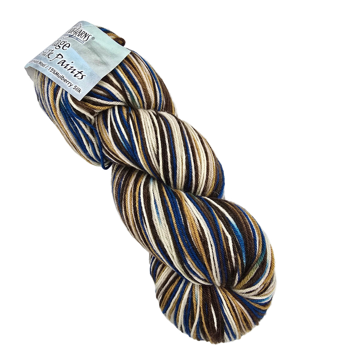 A Skein of Heritage_Silk_Paints_Yarn by_Cascade_Yarns_in the color _9808_Dessert_Evening a blend of white brown yellow and blue with label on a white background.