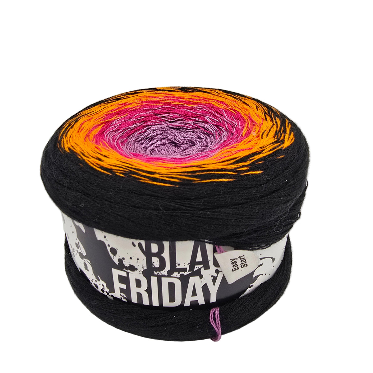Image of a single Hobbii Black Friday Cotton yarn Cake -in Color 08 a gradient that goes from black on the outside to orange then pink in the middle with label on a white background.