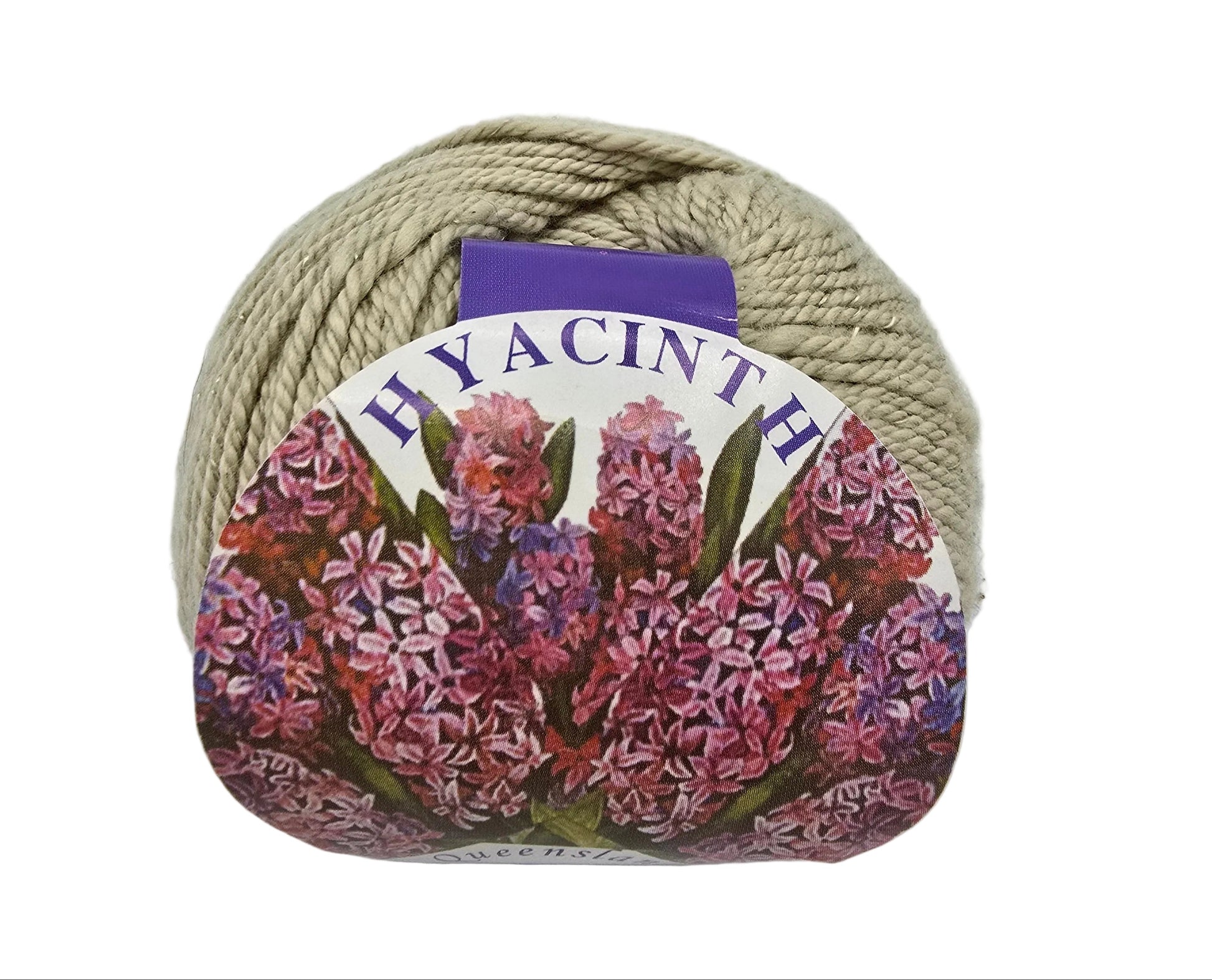 Image of a single ball of Hyacinth by Queensland Collection in color 14 a solid beige with label on a white background.