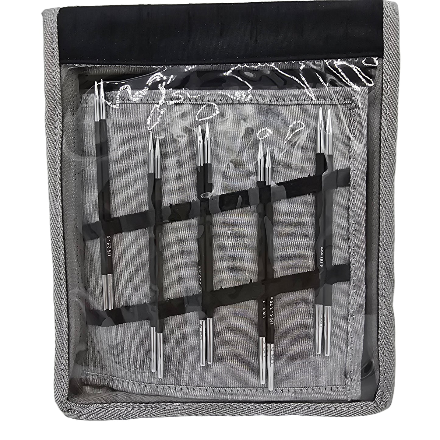 Image of all needles in Knit Pro/Knitters Pride Interchangeable Deluxe Knitting Needle Set in Gray package on white background.
