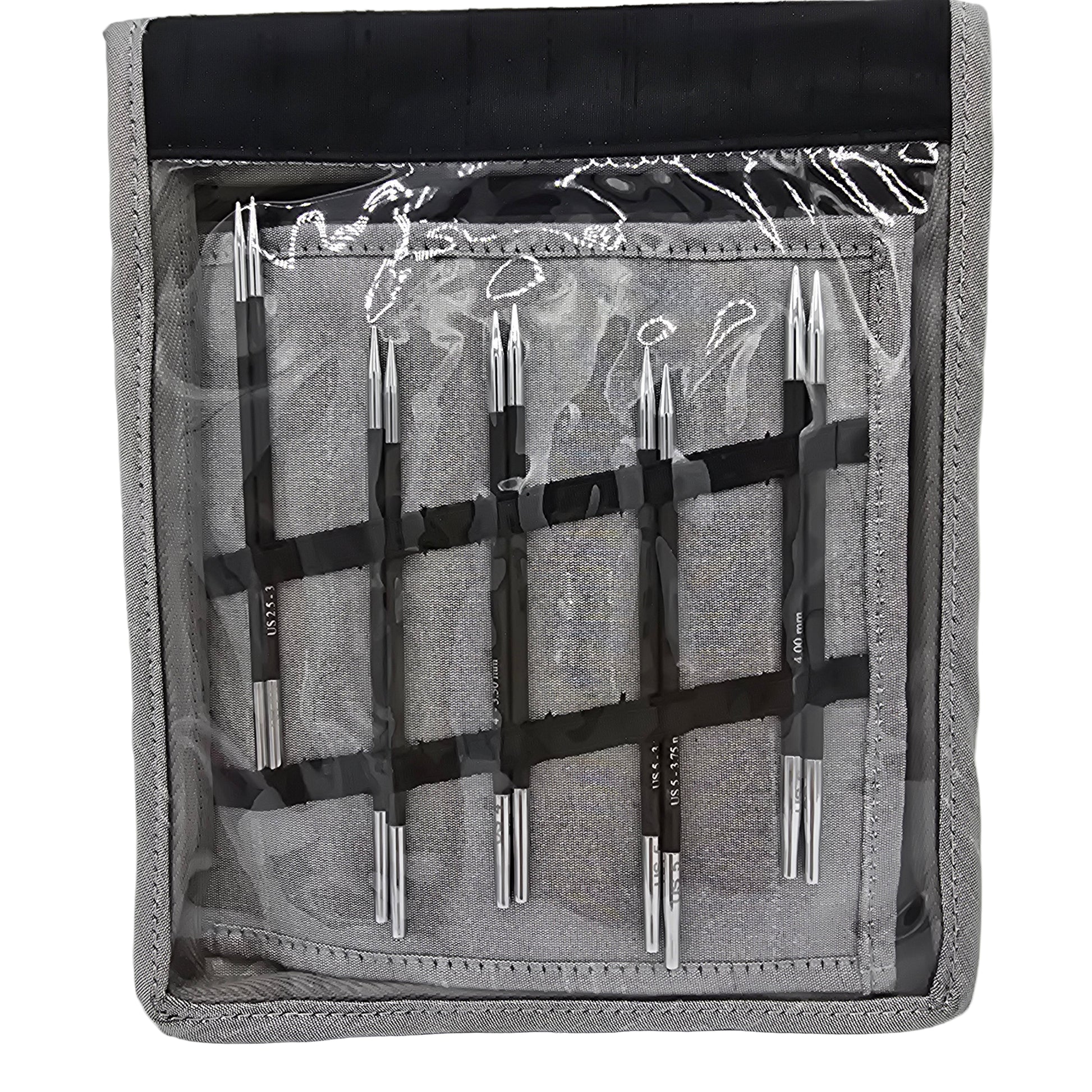 Image of all needles in Knit Pro/Knitters Pride Interchangeable Deluxe Knitting Needle Set in Gray package on white background.