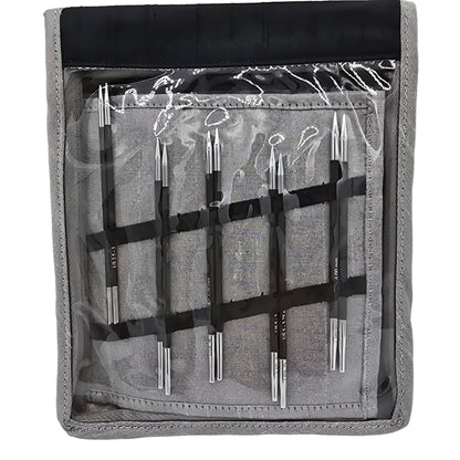 Image of all needles in Knit Pro/Knitters Pride Interchangeable Deluxe Knitting Needle Set in Gray package on white background.