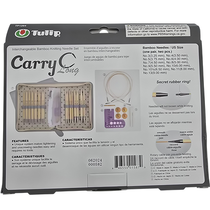Tulip interchangeable bamboo knitting needle set packaging with product details.