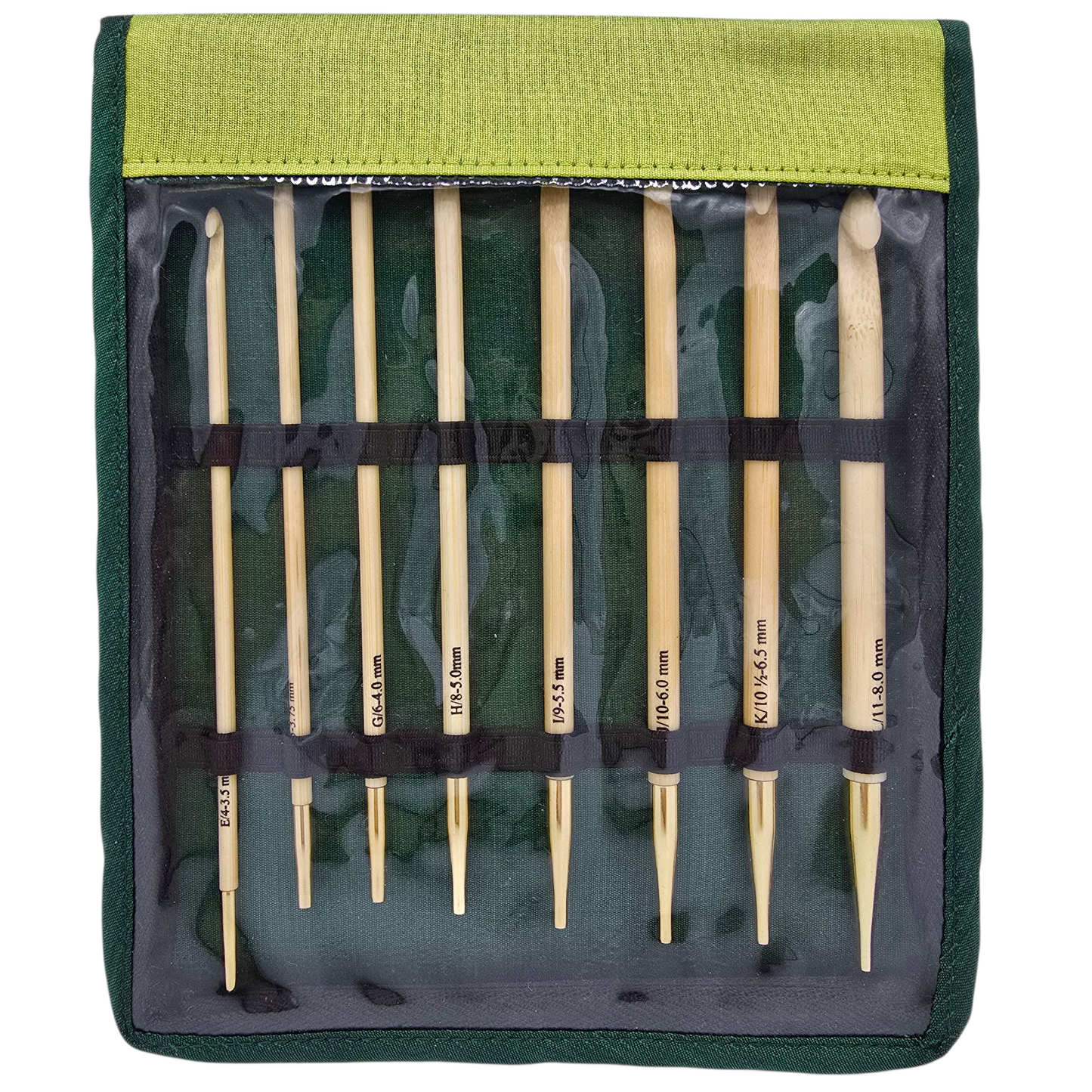 Interior image of Knitter's Pride Bamboo interchangeable Tunisian/Afghan crochet hook set in a green package with a on a white background.
